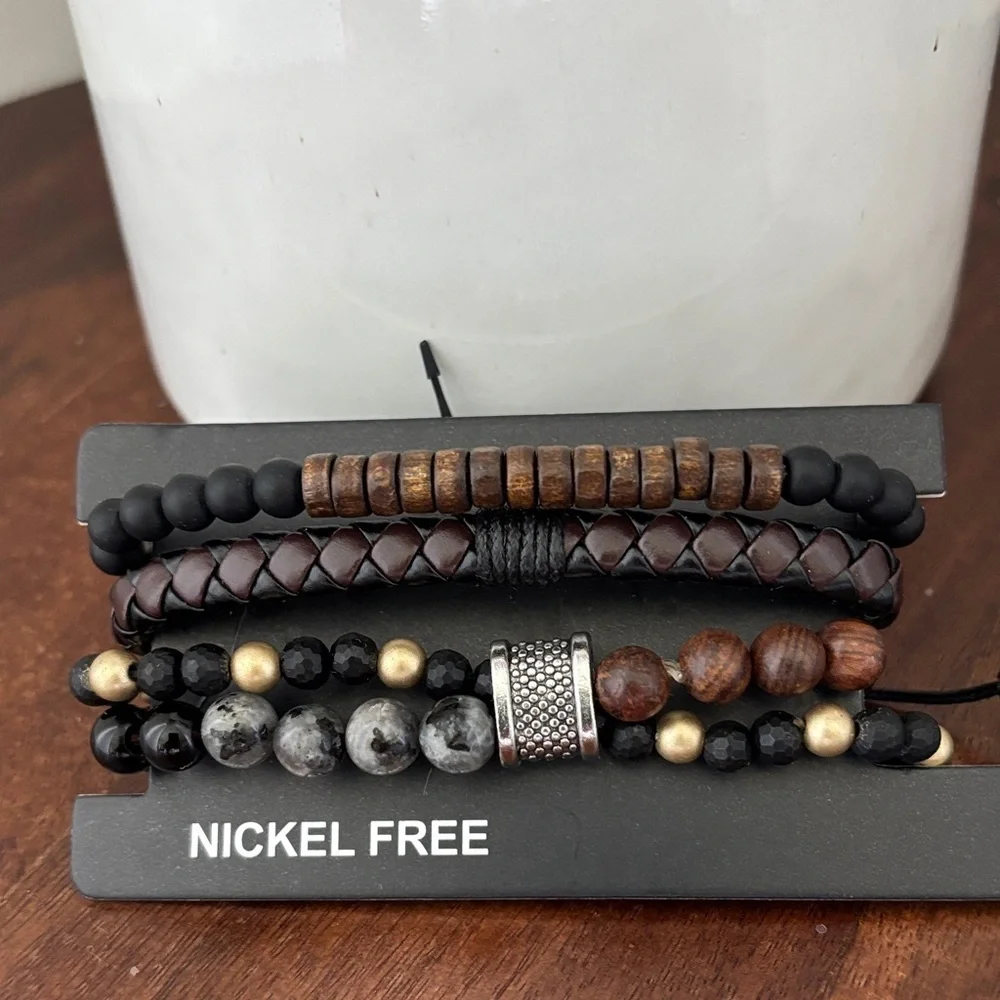 Buddha Wood Bead,flat braided leather,4 row,wrap,adjustable,nickle free bracelet